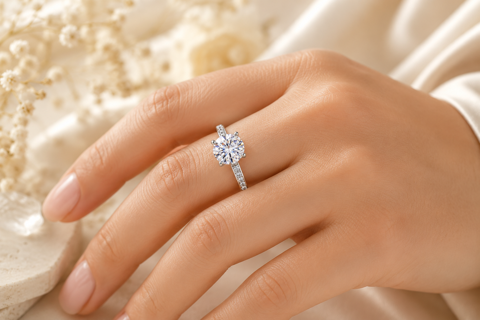 Everyday moissanite ring worn on hand with soft luxury styling