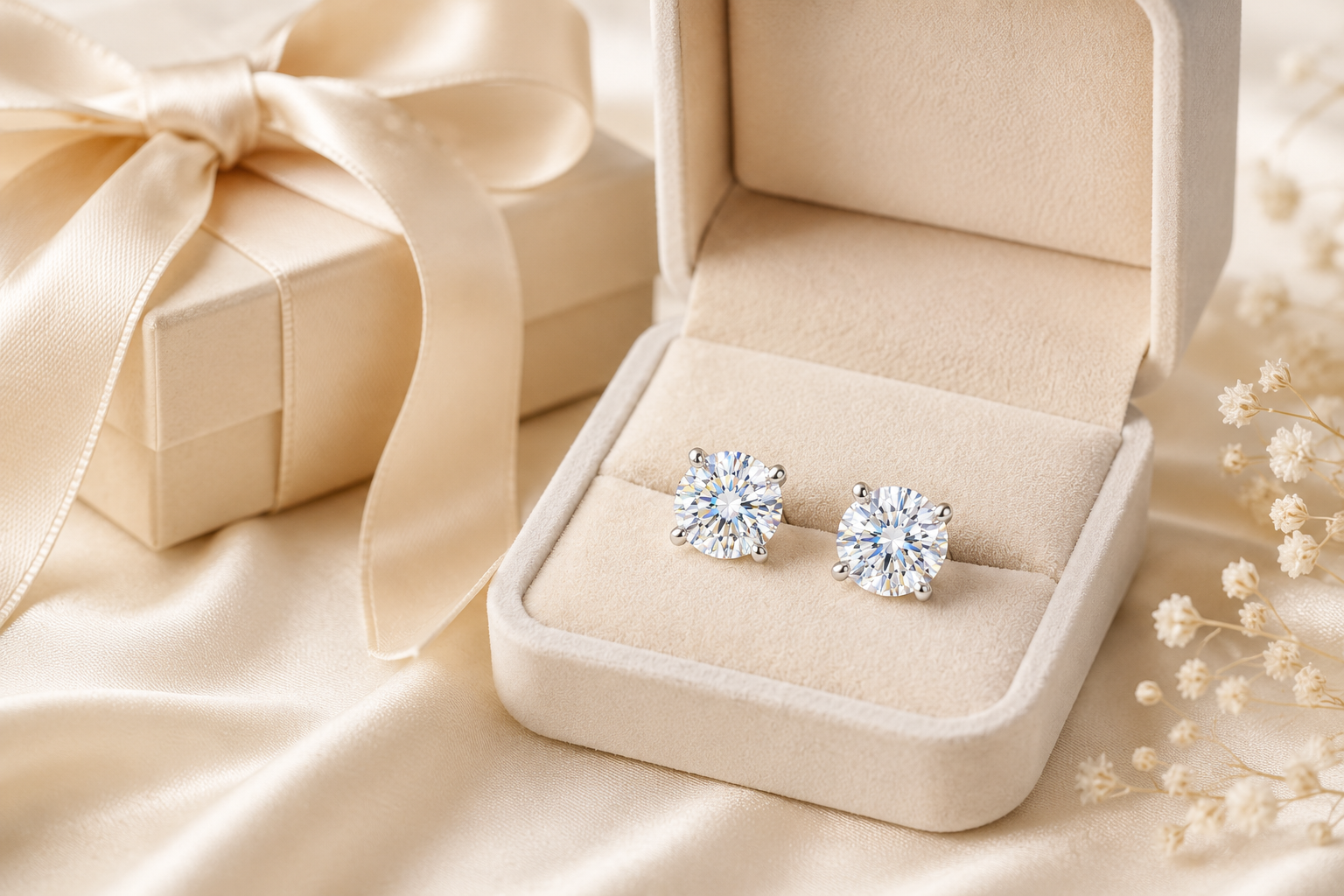 Moissanite earrings gift idea in jewelry box with satin ribbon