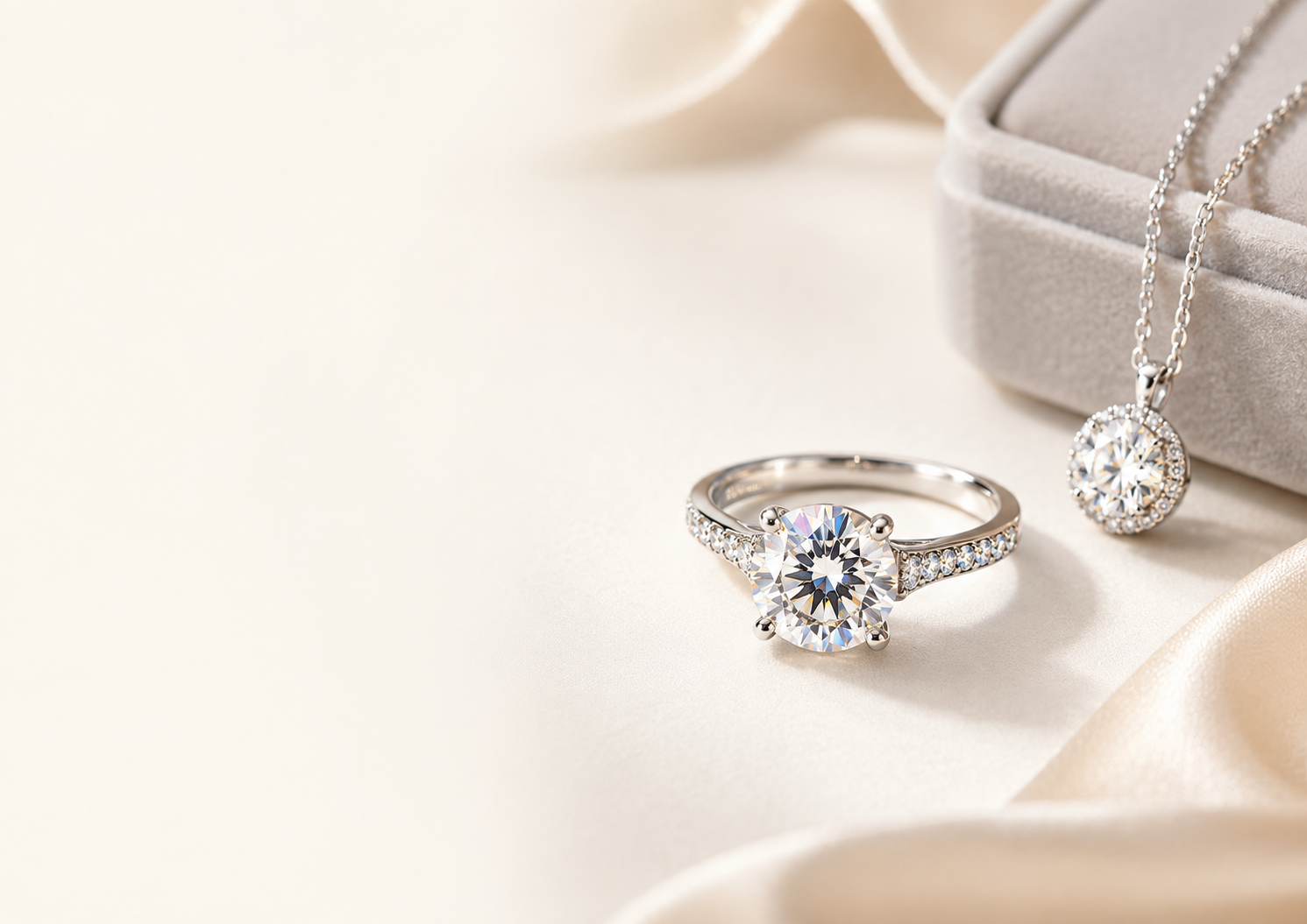 Popular moissanite jewelry styles including ring earrings necklace and bracelet