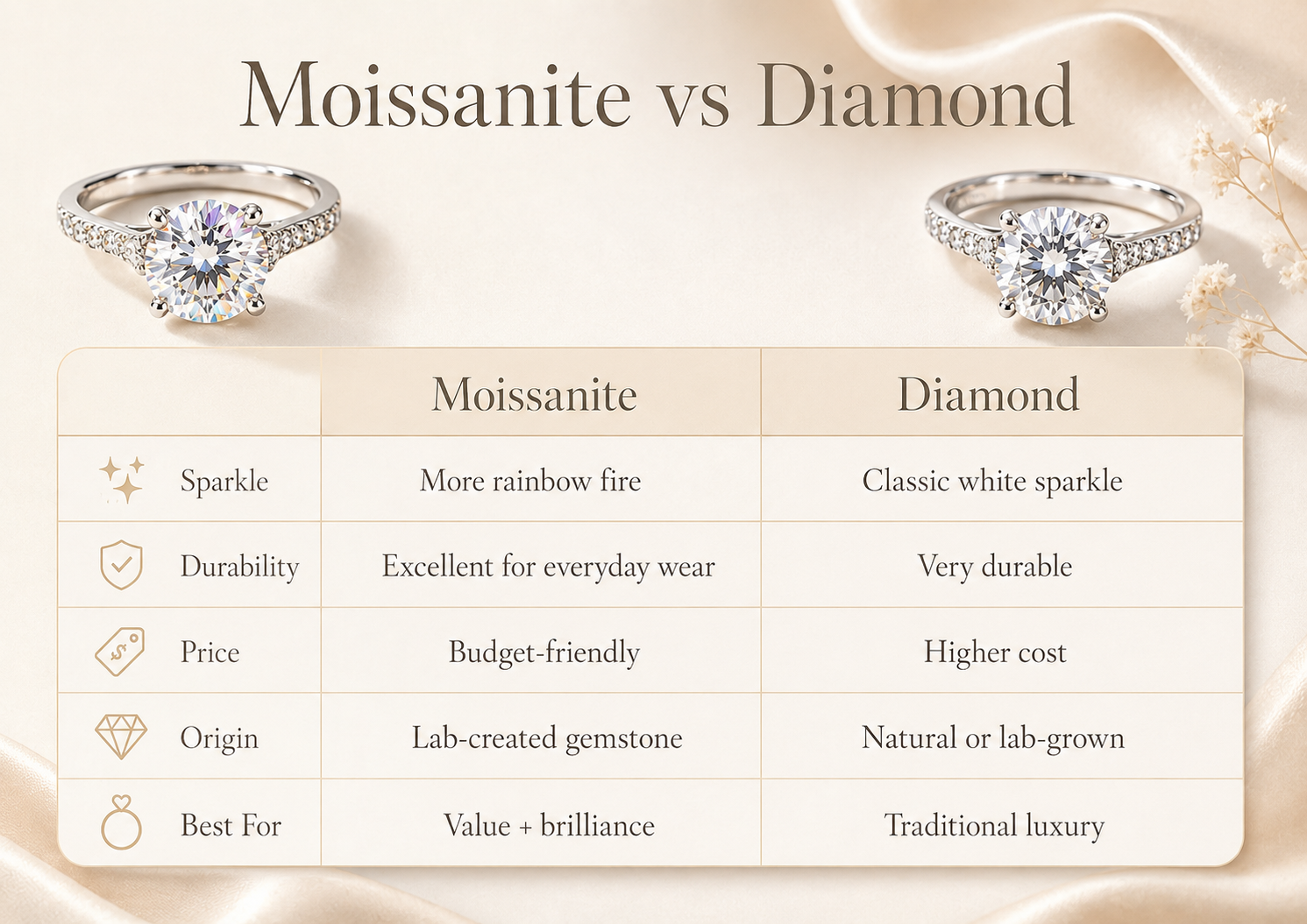 Moissanite vs diamond comparison chart for first-time jewelry buyers