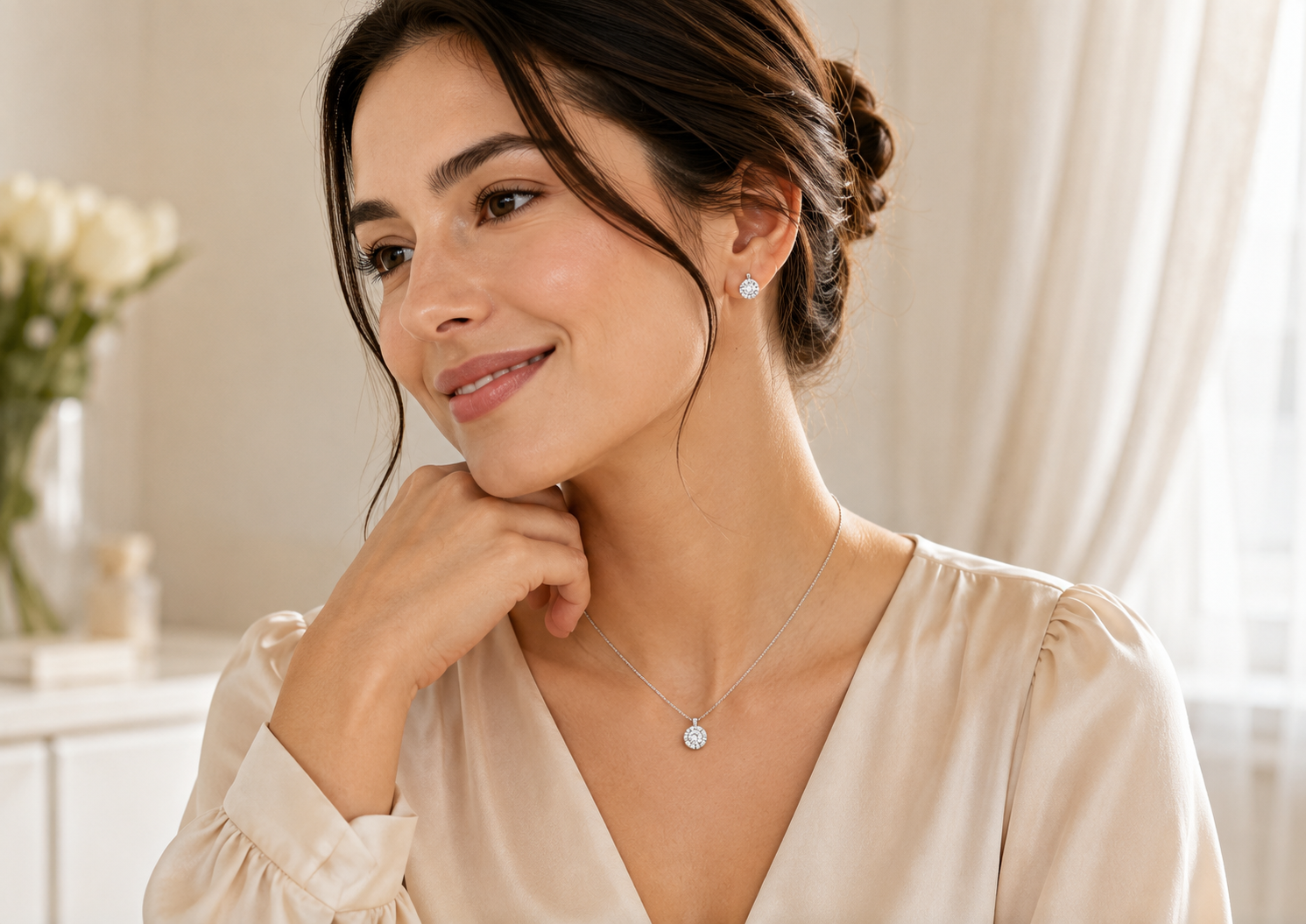 Woman wearing elegant moissanite earrings and necklace for everyday styling