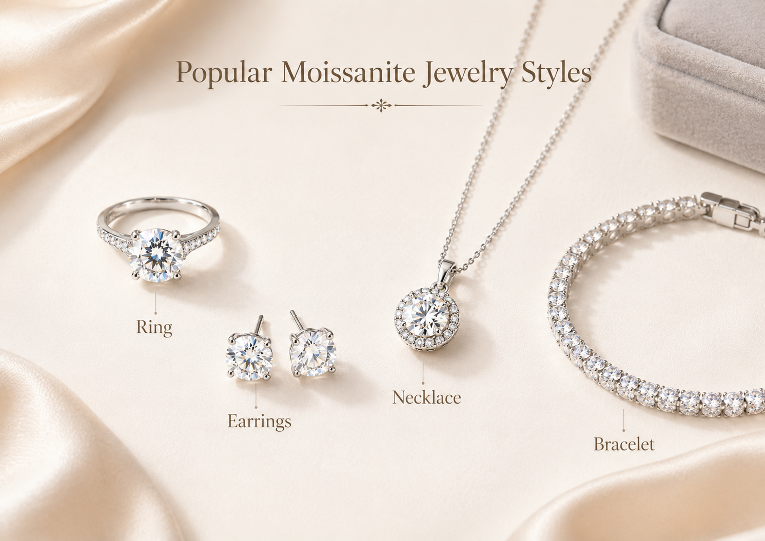 Moissanite ring and necklace on a soft ivory jewelry background