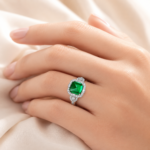 Emerald Green Cushion Halo Silver Ring - Image 2