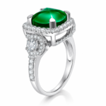 Emerald Green Cushion Halo Silver Ring - Image 3