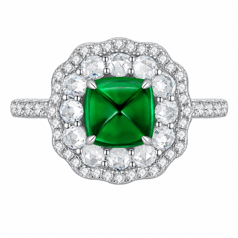 Vintage Emerald Green Halo Silver Ring