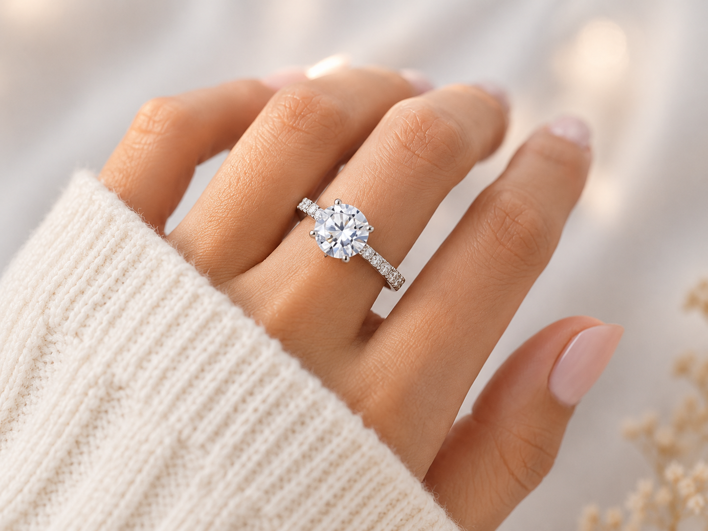 Moissanite engagement ring on hand with lace and flowers