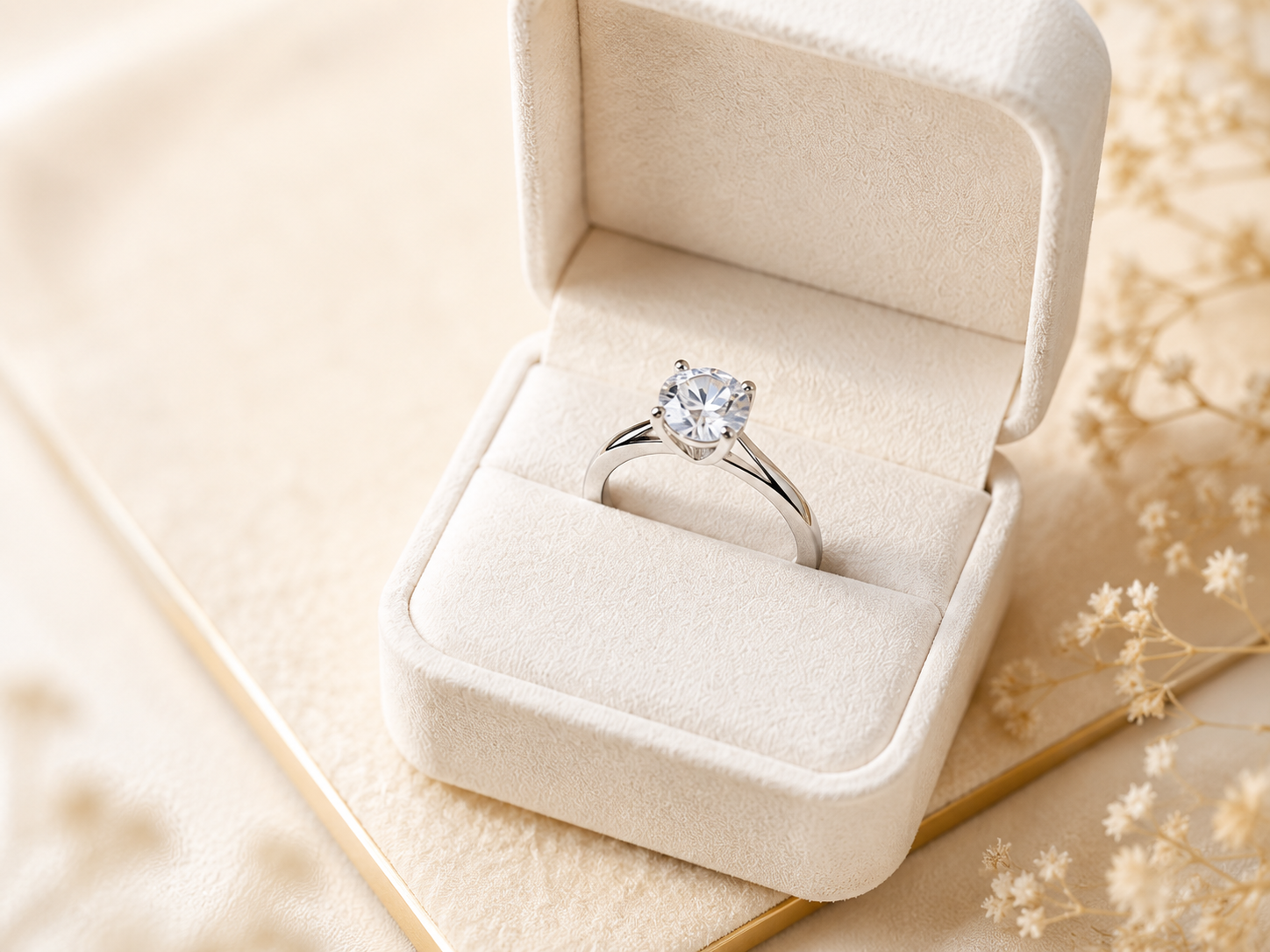 Moissanite ring worn on hand with soft sweater