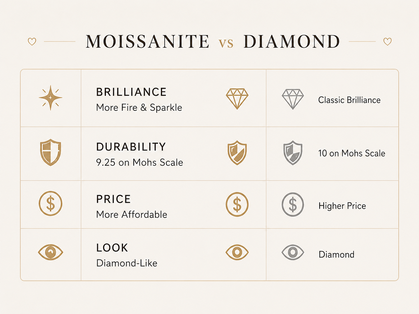 Moissanite vs diamond comparison chart