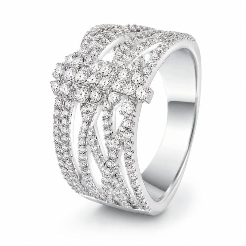 Silver Wide Band Moissanite Ring | Multi Row Pave Statement Ring