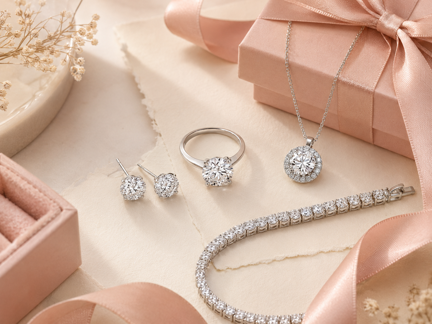 Best moissanite jewelry gifts for her including necklace, ring, earrings and bracelet