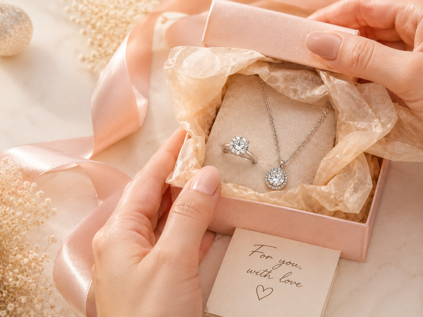 Woman opening a moissanite jewelry gift box with necklace and earrings