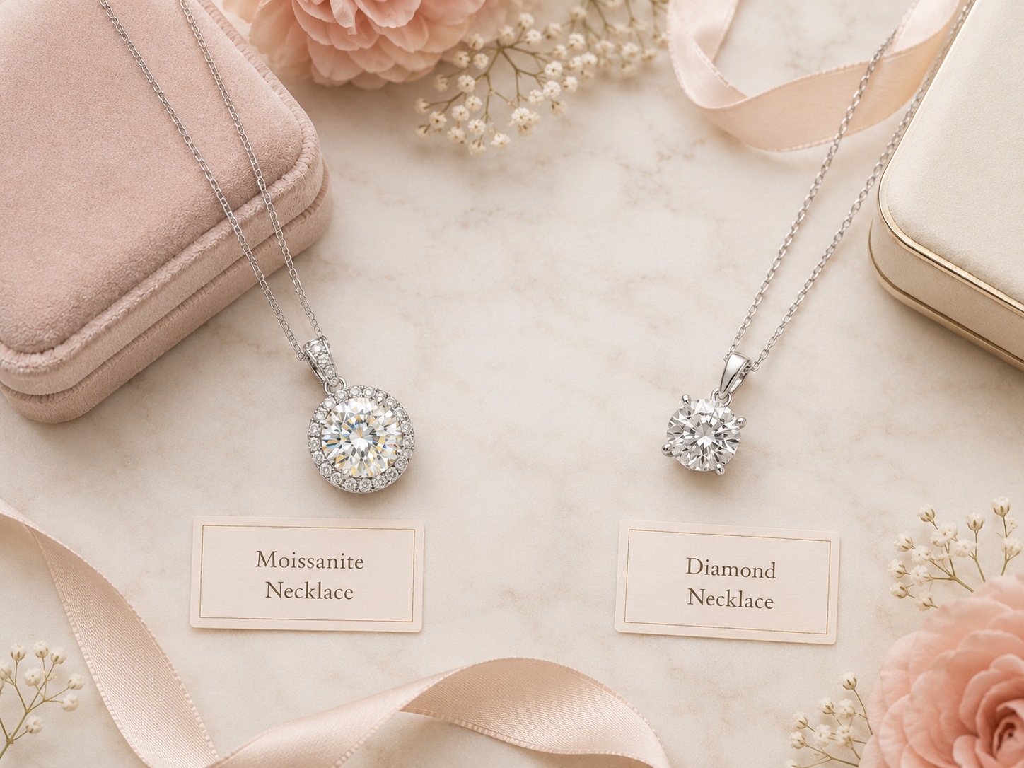 Side by side moissanite necklace and diamond necklace comparison