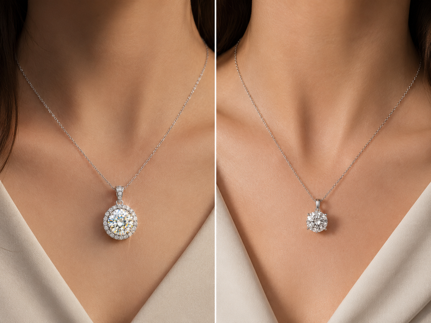 Moissanite necklace and diamond necklace worn comparison
