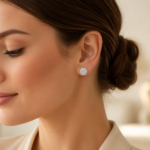 Double Halo Round Cut Stud Earrings in Sterling Silver | Sunshine Jewelry - Image 2
