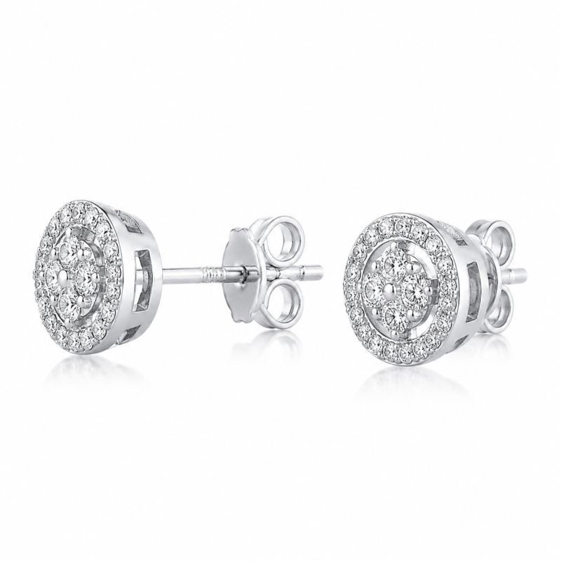 Double Halo Round Cut Stud Earrings in Sterling Silver | Sunshine Jewelry