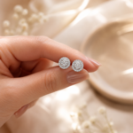 Double Halo Round Cut Stud Earrings in Sterling Silver | Sunshine Jewelry - Image 6