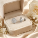 Double Halo Round Cut Stud Earrings in Sterling Silver | Sunshine Jewelry - Image 7
