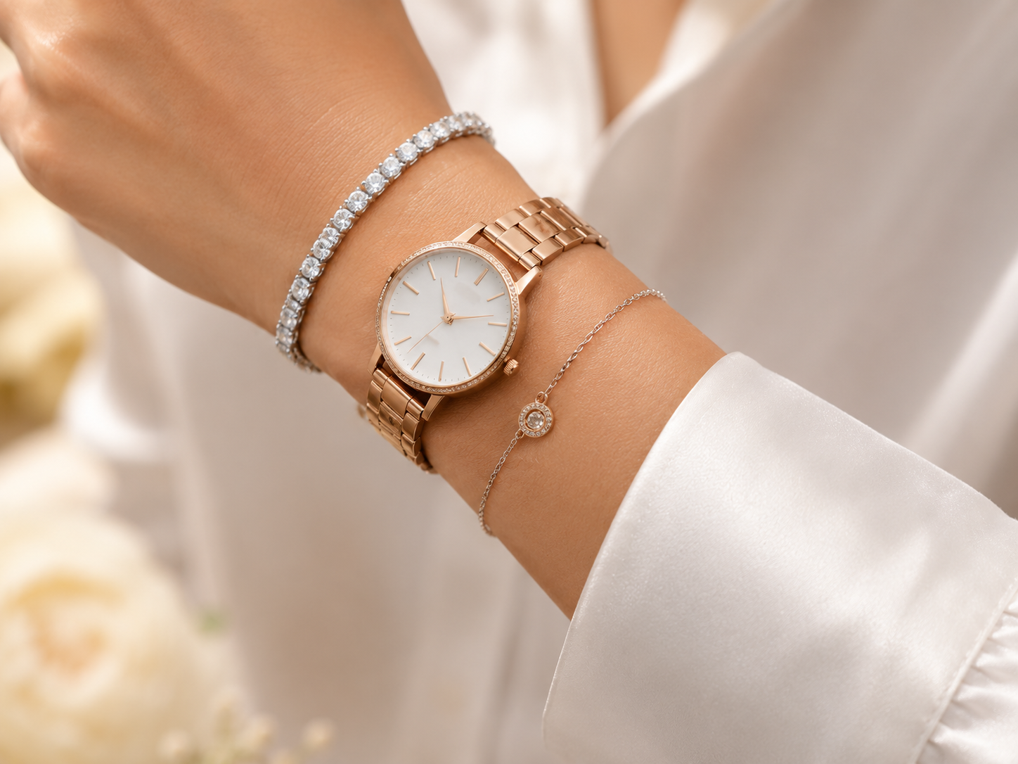 Moissanite tennis bracelet on cream background