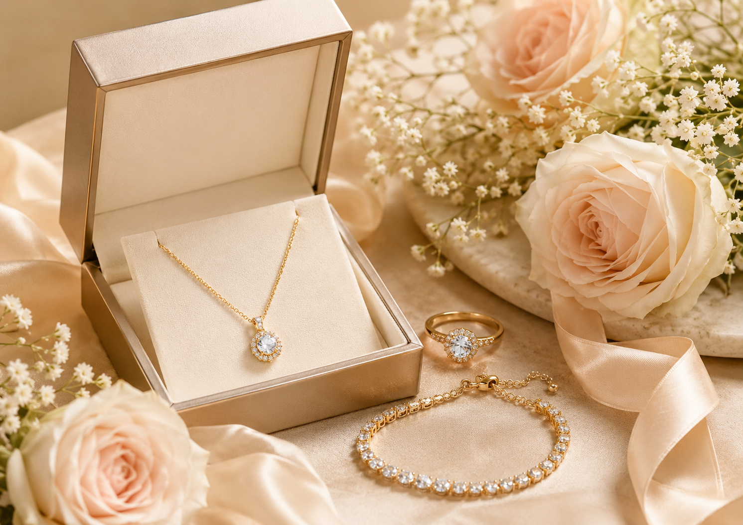 Elegant bracelet and ring displayed with roses and warm candlelight