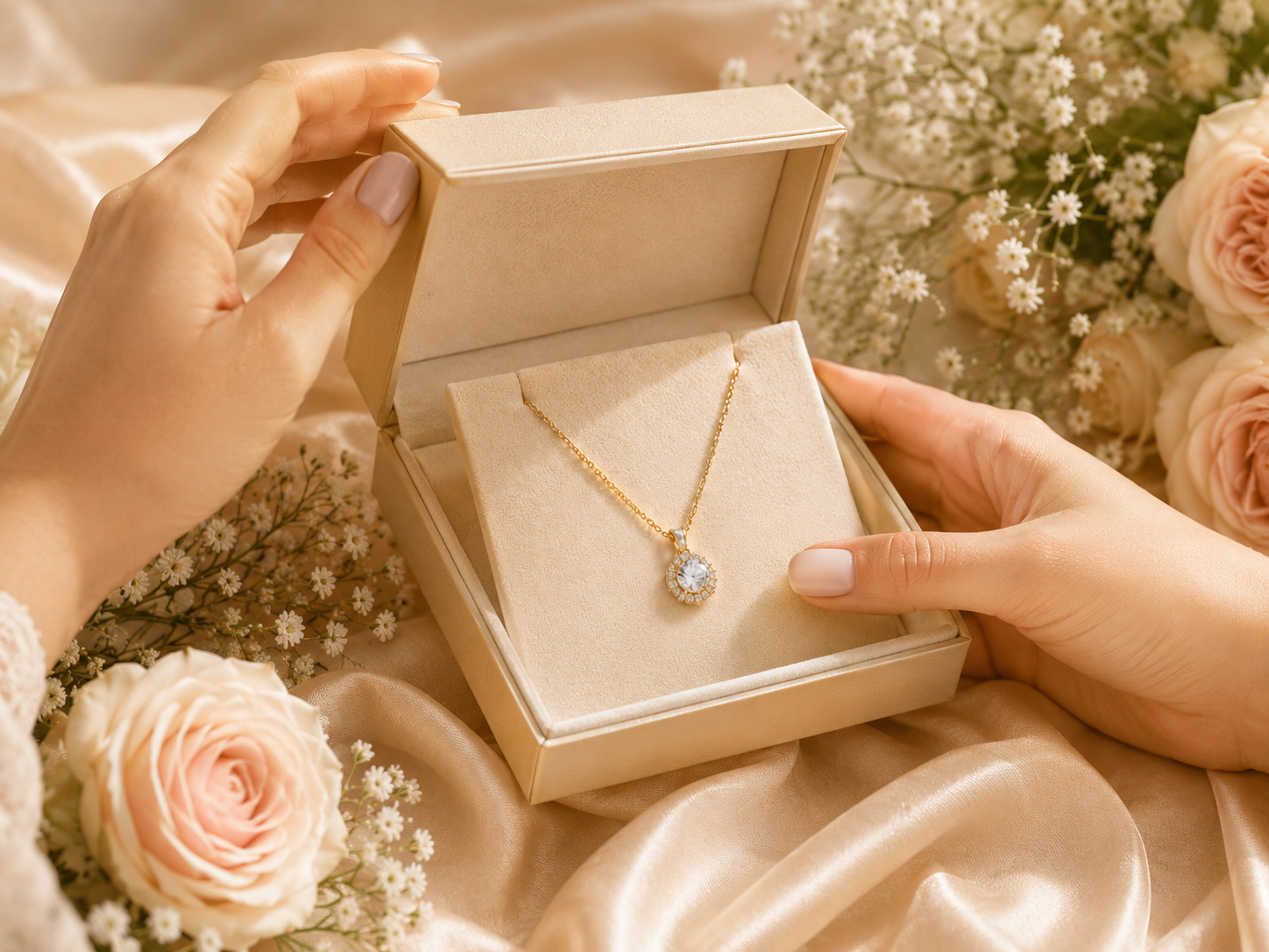 Romantic jewelry gift with bracelet worn on wrist and ribbon gift box