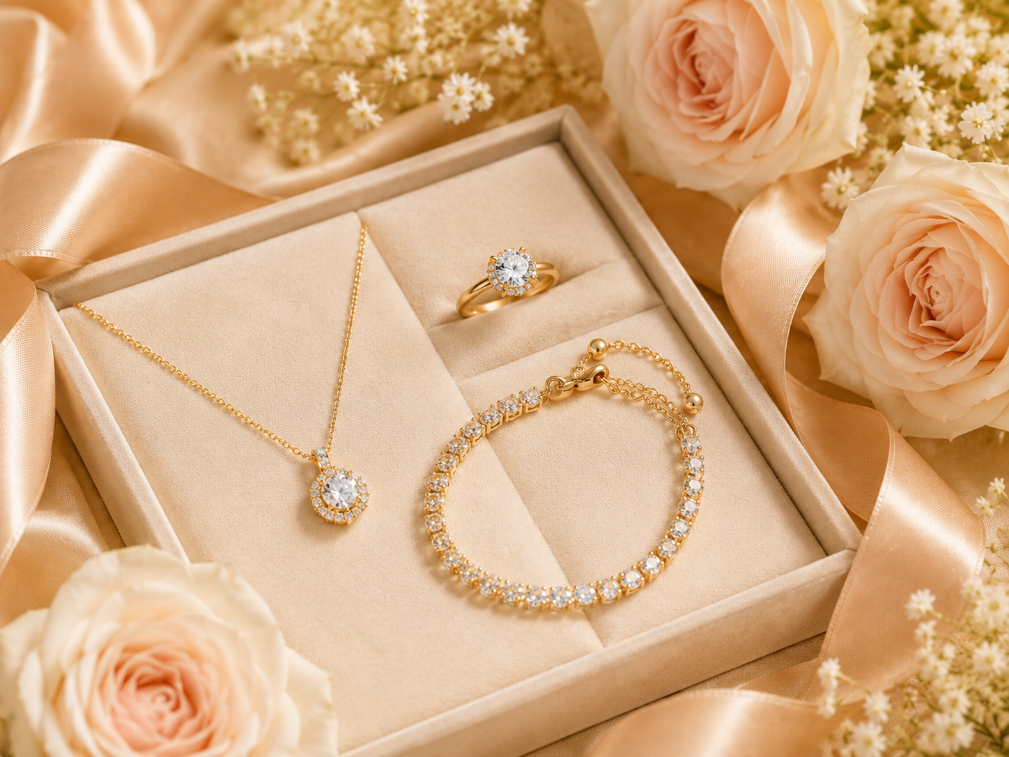 Gold-tone necklace and ring arranged with roses and soft satin for a romantic jewelry gift