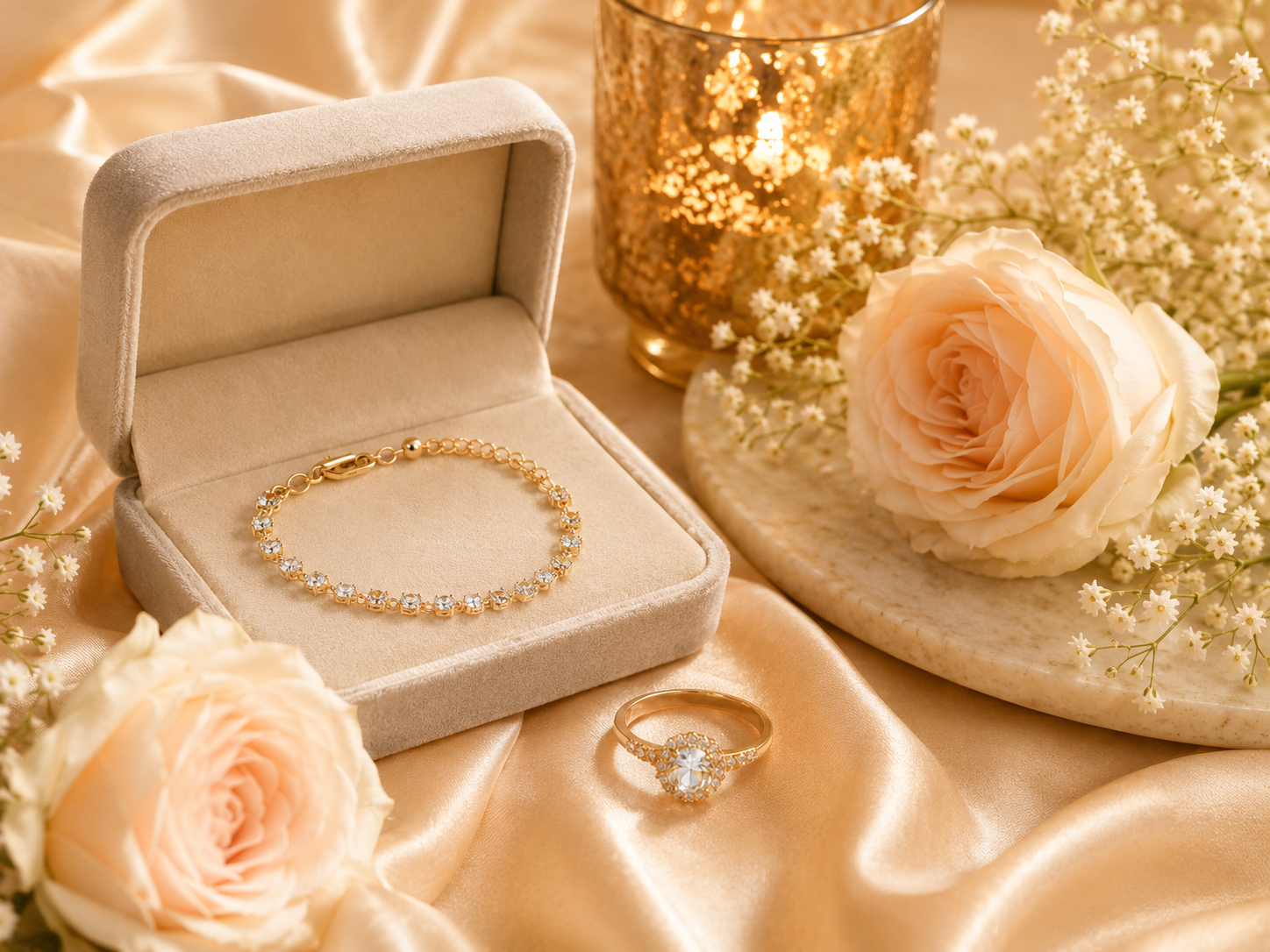 Elegant jewelry gifts for her with necklace, ring and bracelet in a gift-ready setting