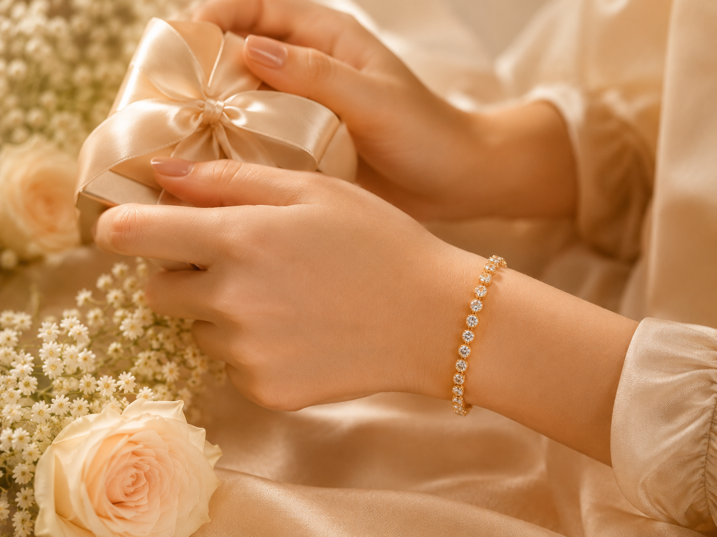 Woman opening an elegant jewelry gift box with a sparkling necklace