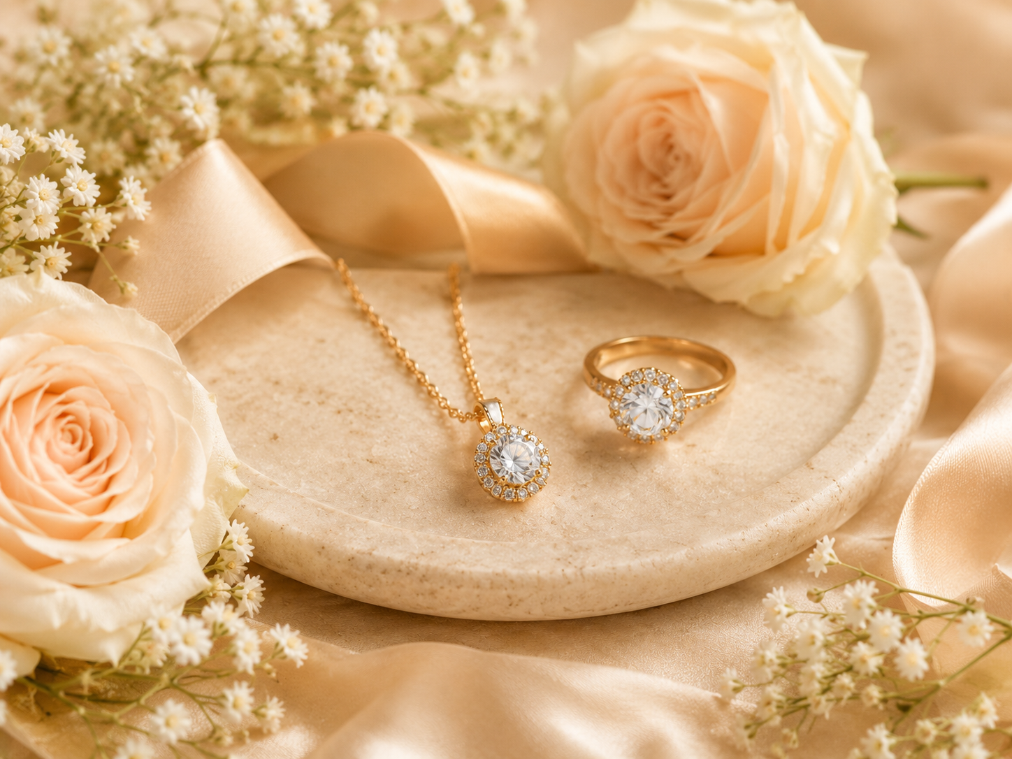 Gift-ready jewelry set with necklace ring and bracelet in a soft romantic box
