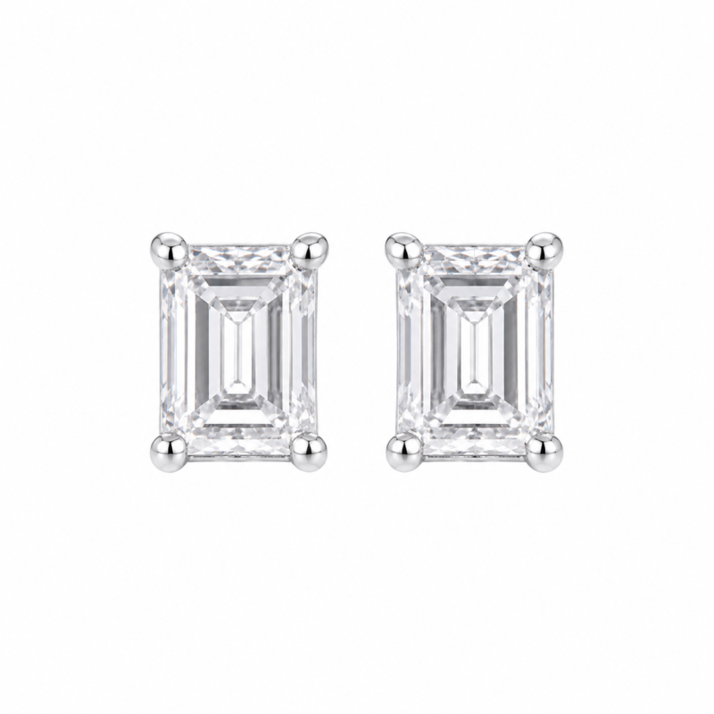 Emerald Cut Diamond Stud Earrings – Elegant Sterling Silver Ear Studs