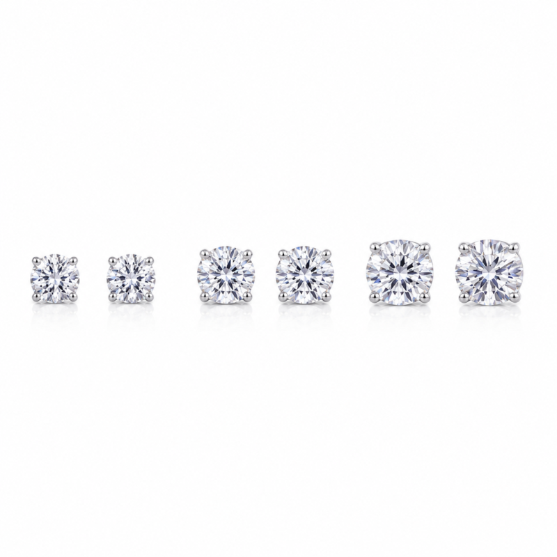 3-Pair Moissanite Stud Earrings Set – 1ct, 3ct & 5ct