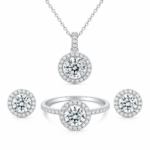 Luxury Halo Moissanite Jewelry Set – Ring, Earrings & Necklace