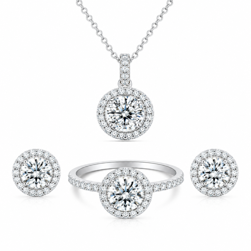 Luxury Halo Moissanite Jewelry Set – Ring, Earrings & Necklace