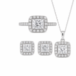 Princess-Cut Halo Moissanite Jewelry Set – Ring, Earrings & Necklace