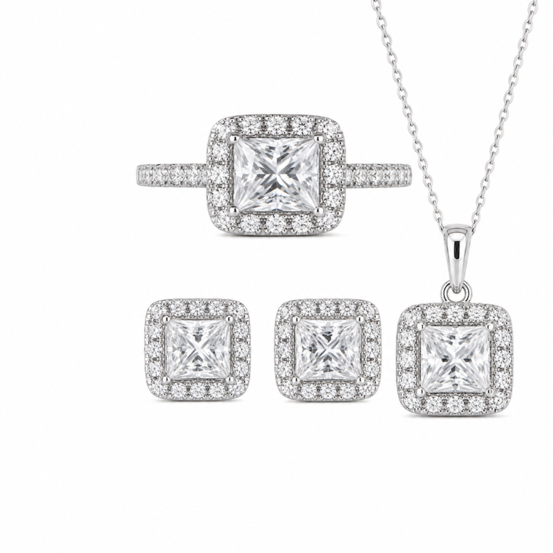 Princess-Cut Halo Moissanite Jewelry Set – Ring, Earrings & Necklace
