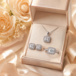 Princess-Cut Halo Moissanite Jewelry Set – Ring, Earrings & Necklace - Image 6