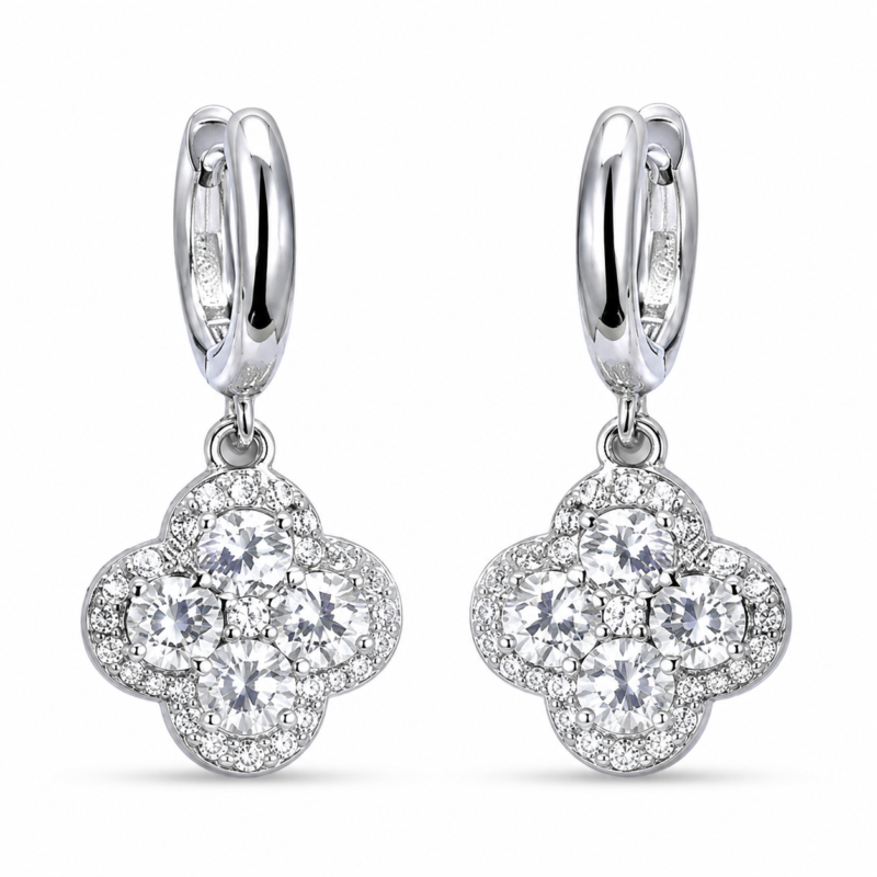 Clover Drop Moissanite Huggie Hoop Earrings in 925 Sterling Silver