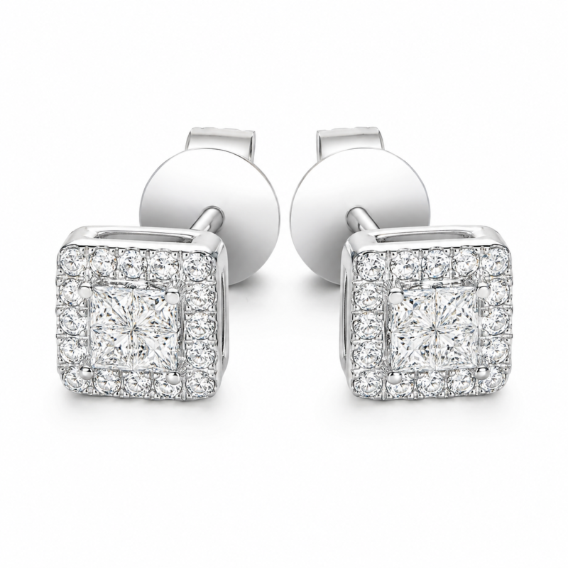 Square Halo Moissanite Stud Earrings