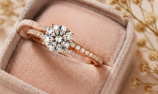 Elegant moissanite ring for her in a soft pink jewelry box