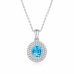 Sky Blue Oval Moissanite Double Halo Pendant Necklace