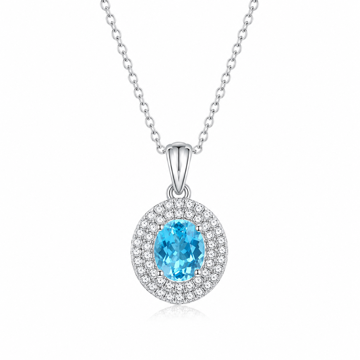 1 (1) Aqua Blue Oval Moissanite Double Halo Pendant Necklace - Image 1