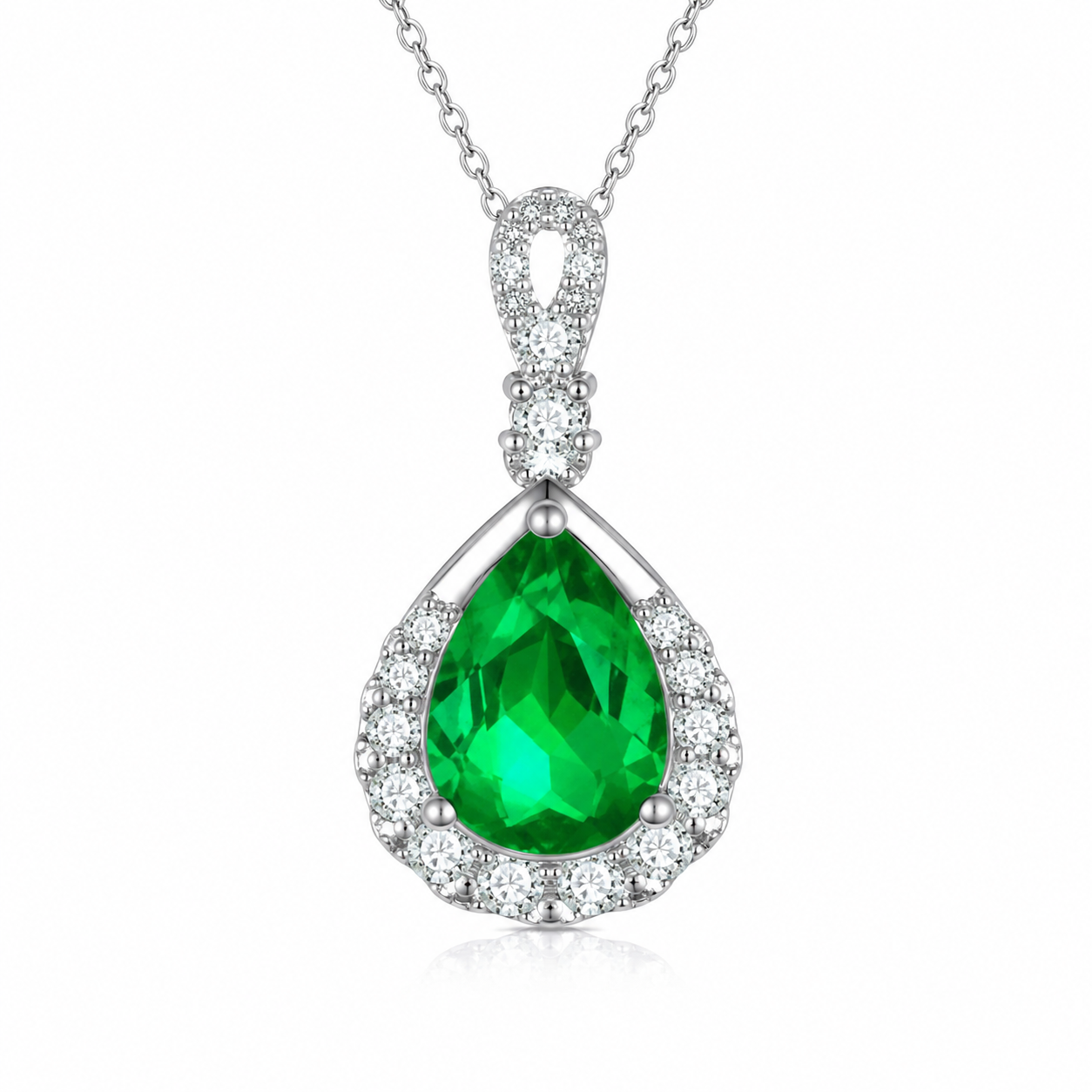 1 (2) Emerald Dewdrop Pear-Cut Moissanite Halo Pendant Necklace - Image 1