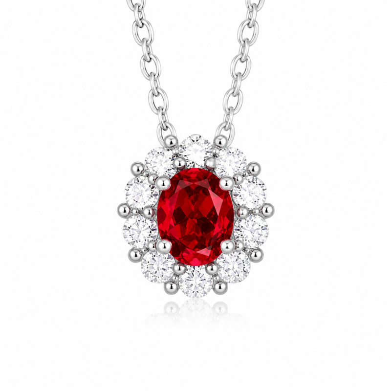 Scarlet Bloom Oval Moissanite Floral Halo Necklace