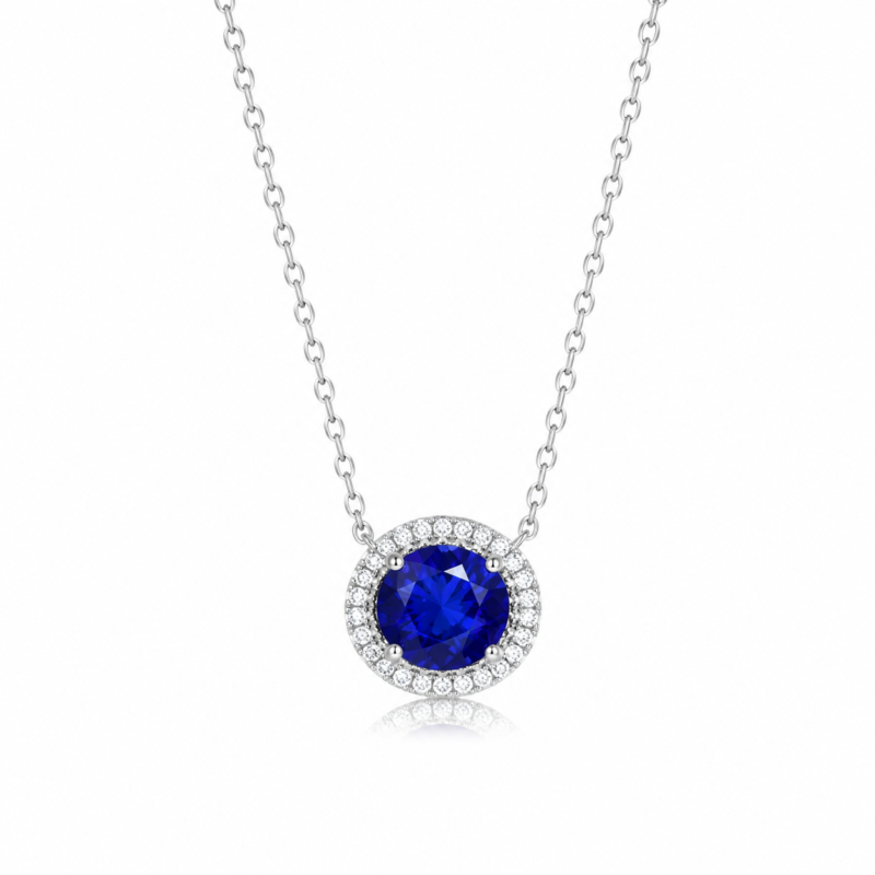 Royal Sapphire Blue Round Moissanite Halo Necklace