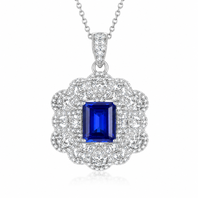 Midnight Blue Emerald-Cut Vintage Filigree Pendant Necklace