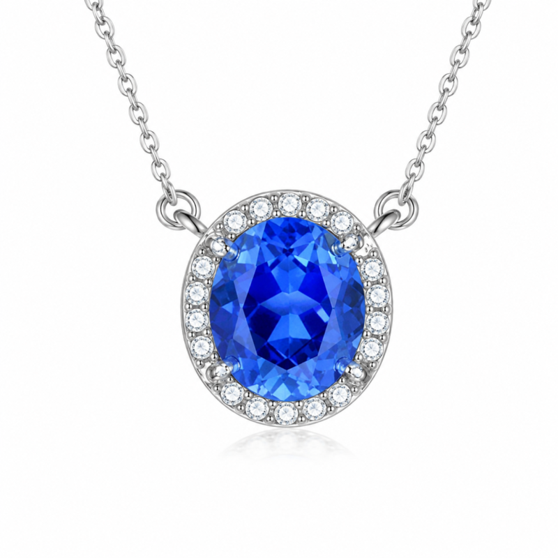 Royal Blue Oval-Cut Moissanite Halo Pendant Necklace