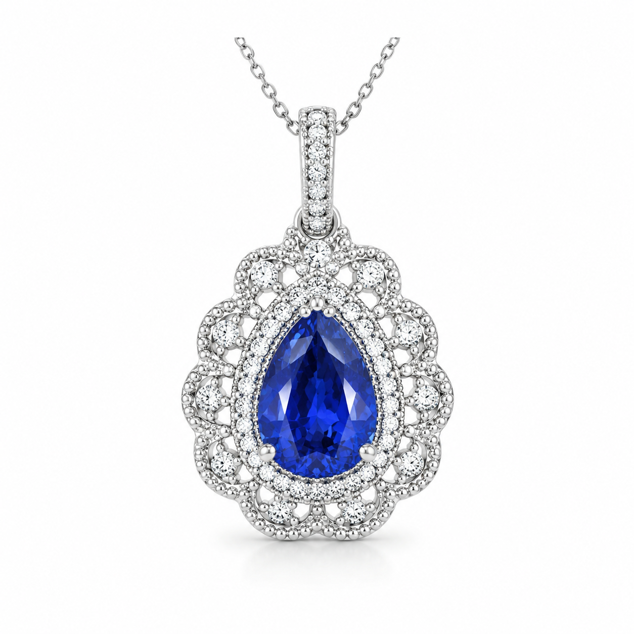 CP070 Royal Azure Vintage Floral Halo Pendant Necklace - CP070 – Image 1