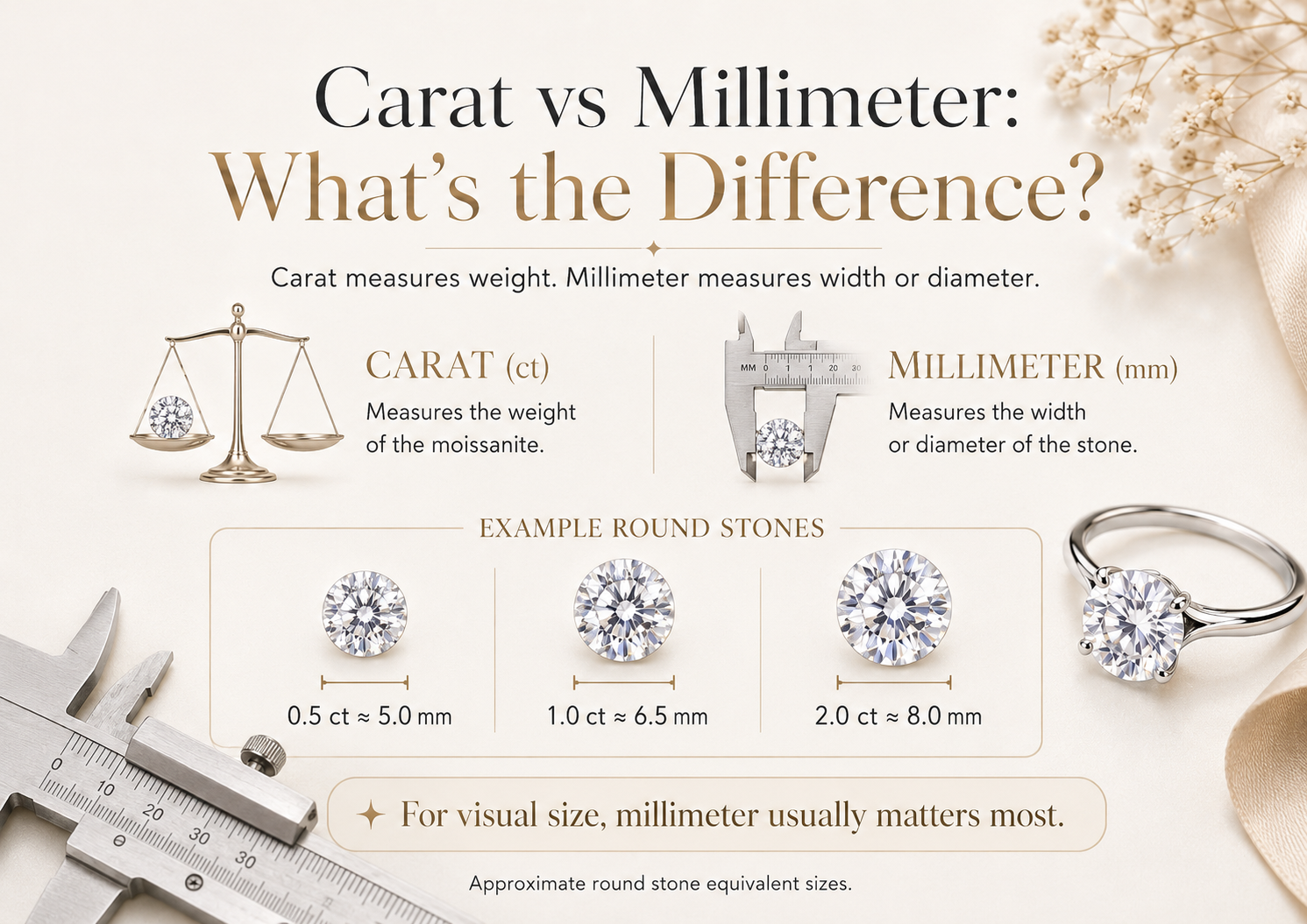 Carat versus millimeter comparison explaining moissanite weight and visible diameter