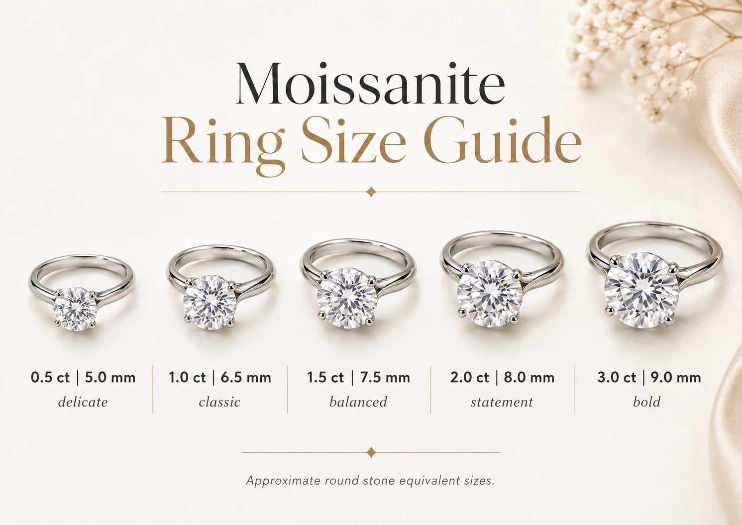 Moissanite ring size guide showing 0.5 carat to 3 carat equivalent round stones