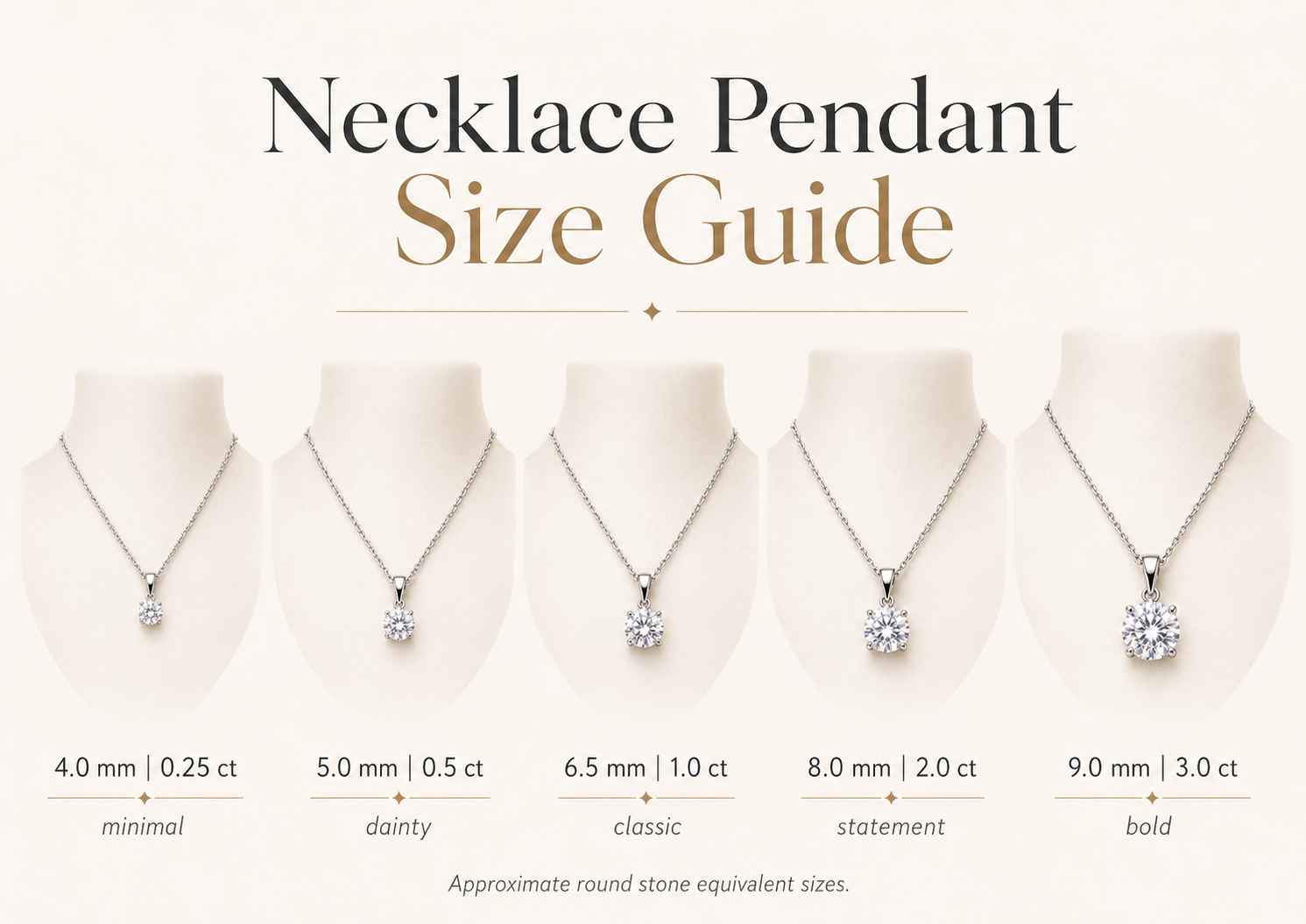 Moissanite pendant necklace size guide from 4 millimeters to 9 millimeters