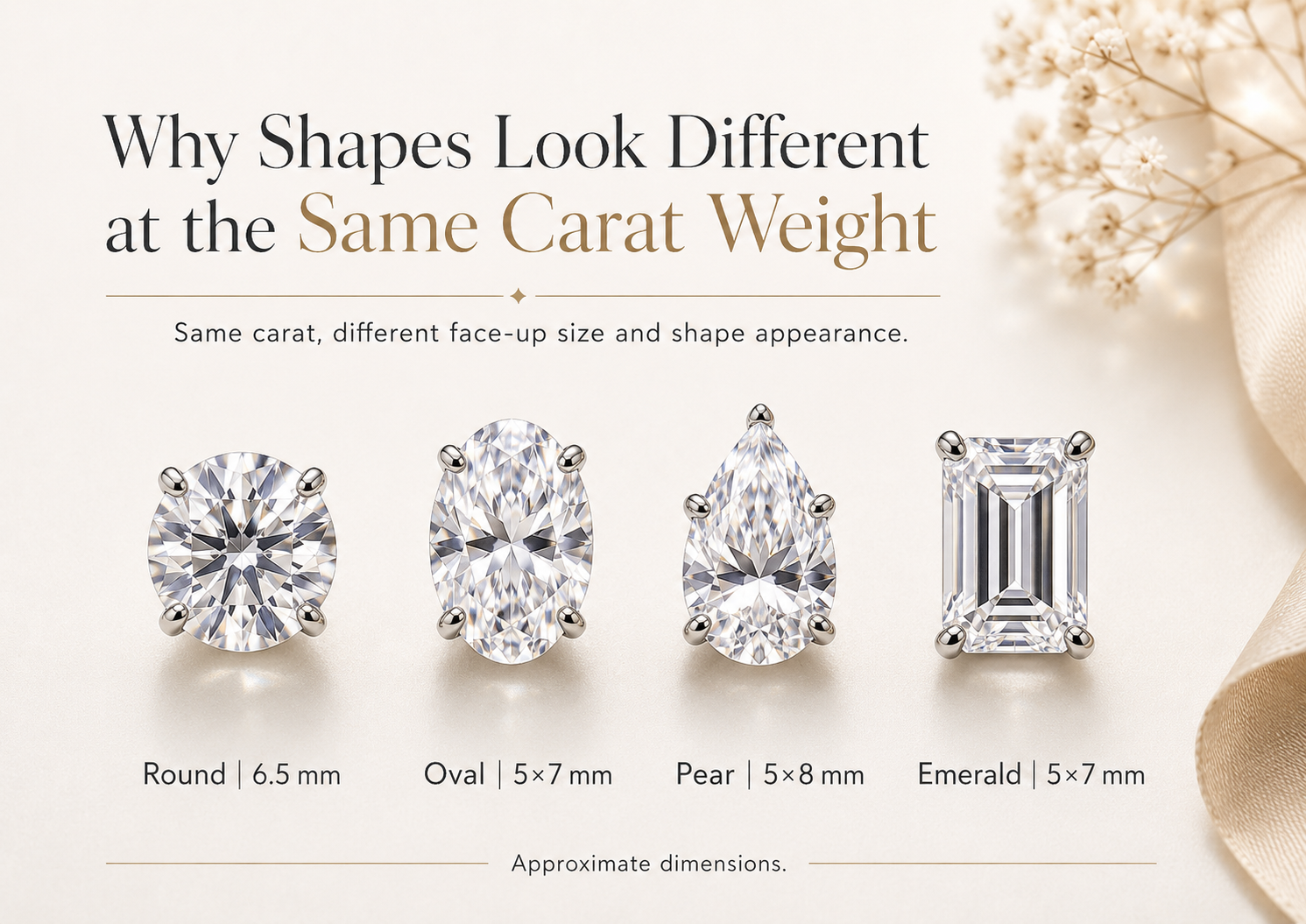 Round oval pear and emerald cut moissanite shapes with approximate millimeter dimensions
